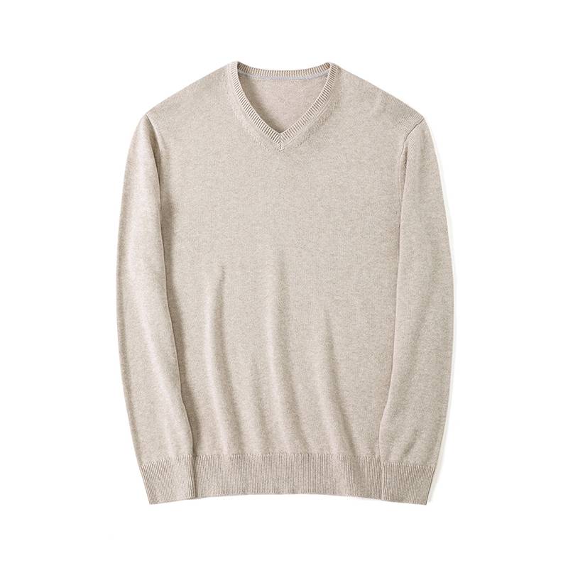 Men's V-Neck Combed Cotton Ribbed Long-Sleeved Sweater