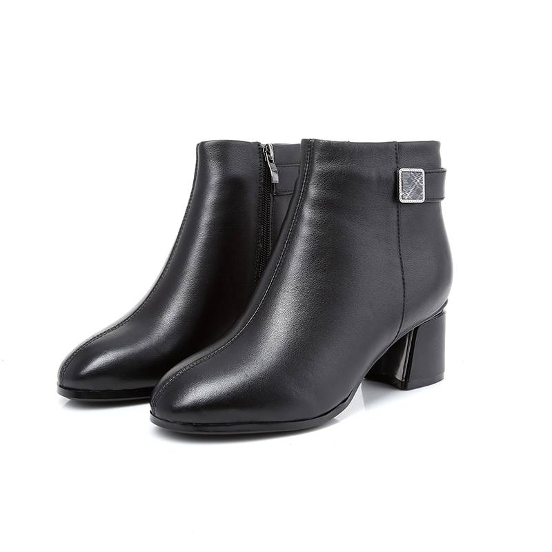 Women's 100% Cow Leather Pointed Mid-Heel Winter Boots With Fleece Lined