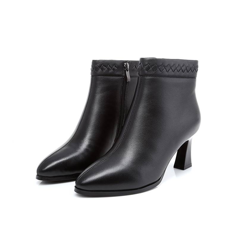 Women's 100% Cow Leather Pointed High-Heel Winter Boots With Fleece Lined