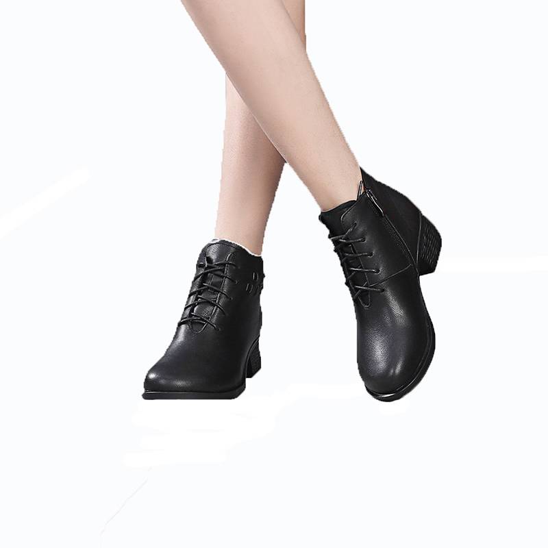 Women's 100% Cow Leather Lace-Up Zipper Boots With Fleece Lined