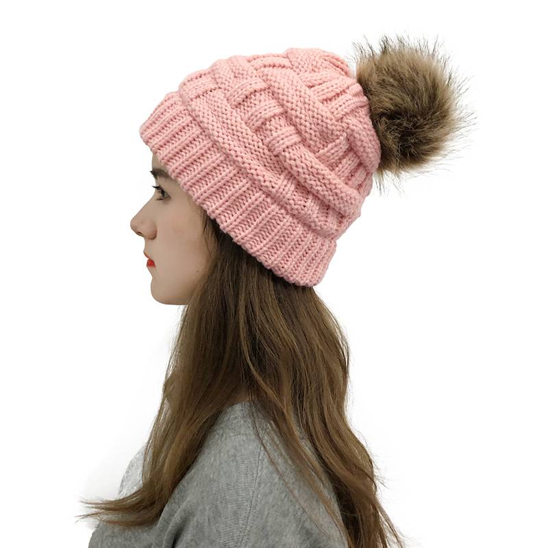 Women's Woolen Feel Curled Knitted Ponytail Hat With Pom Decor