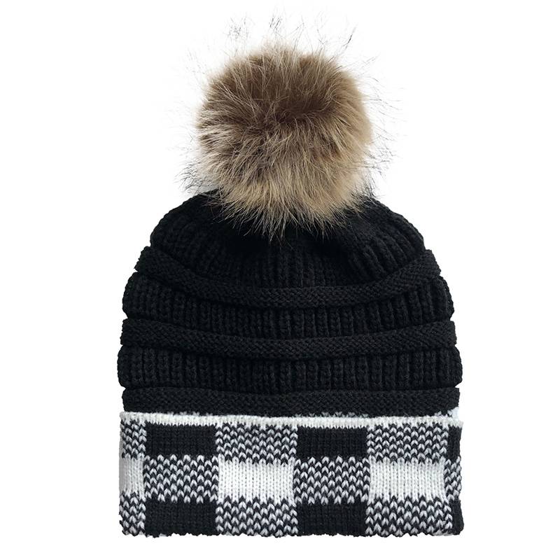 Women's Woolen Feel Large Plaid Curled Knitted Ponytail Hat With Pom Decor