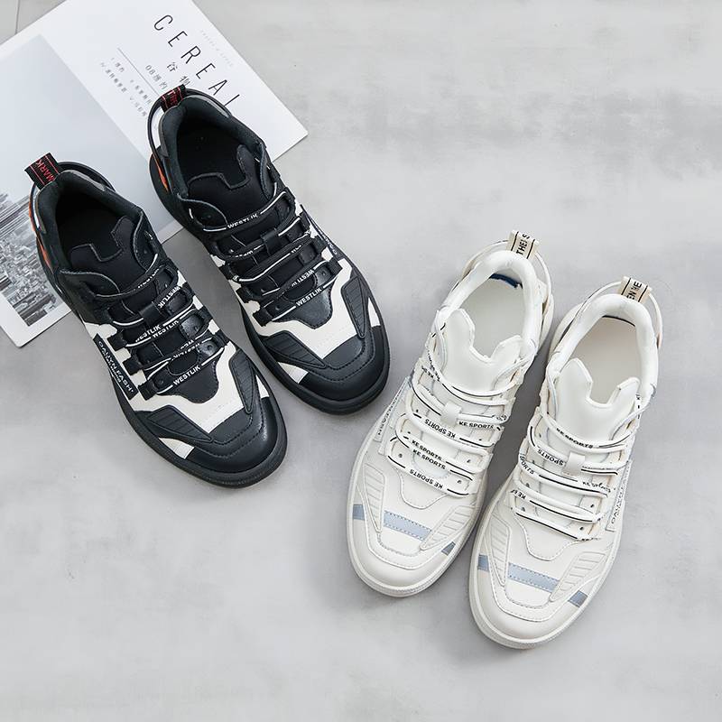 Women's  Genuine Leather Chunky Sneakers Black And Beige