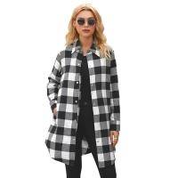 Women's Block Plaid Shirt Button Down Long Sleeve Turtleneck Jacket