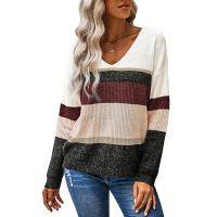 Women'S V Neck Color Block Striped Sweater