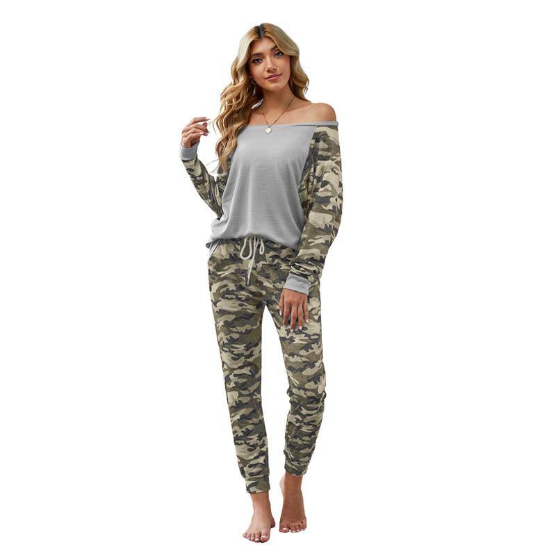 Women's Casual Camo Loungewear Crew Collar Long Sleeve Top And Drawstring Pants Pajama Set