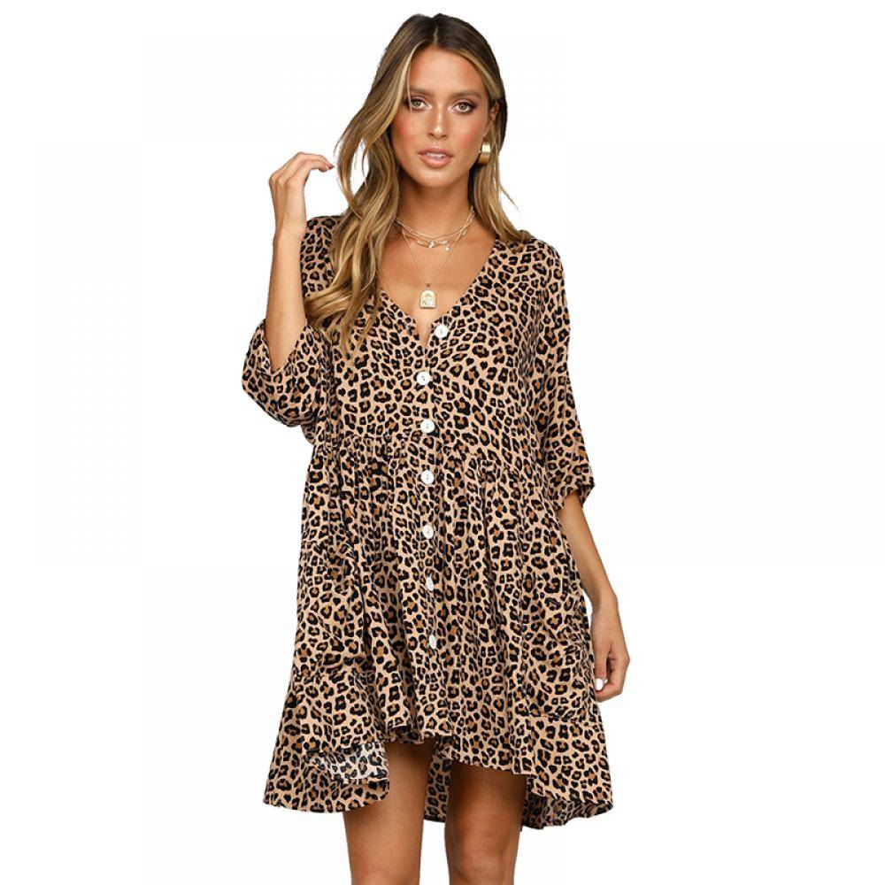 Women's Leopard Print V Neck Button Half Sleeves Swing Dress