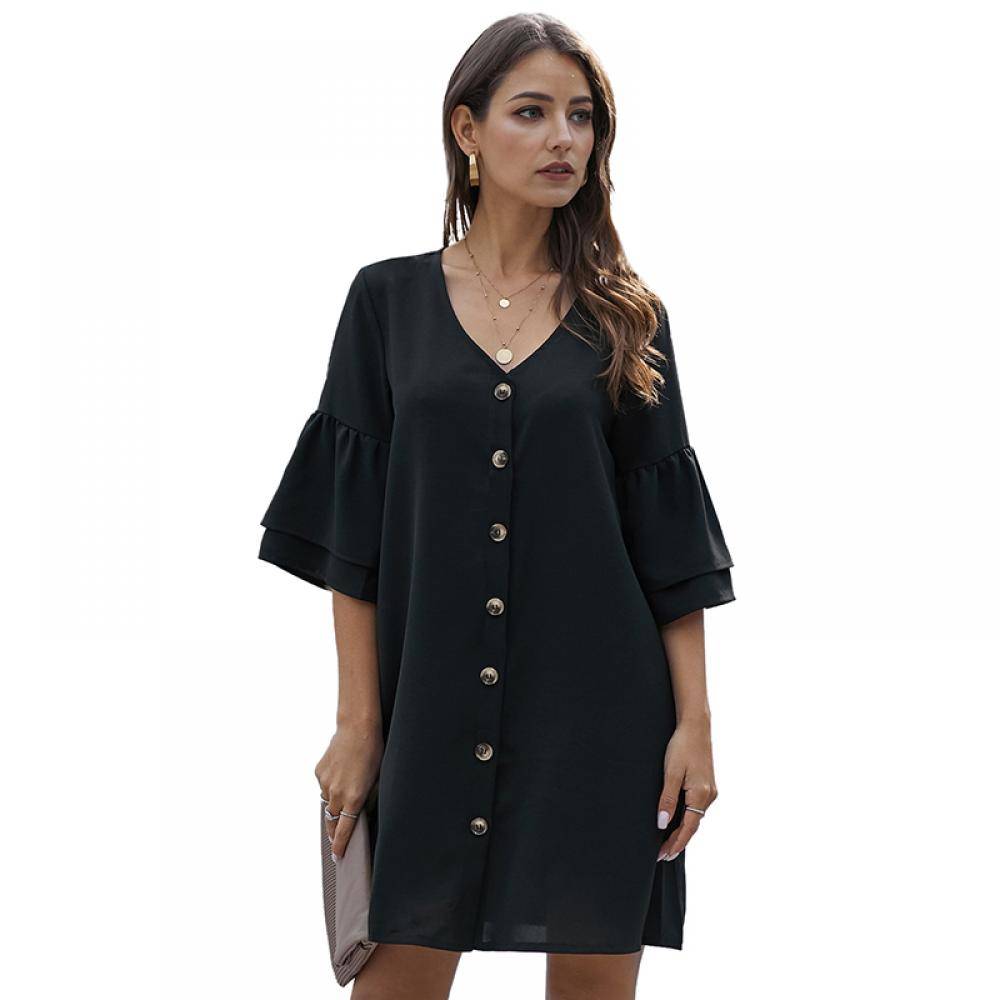 Women's V Neck Buttoned Bell Sleeve Shift Shirt Dress