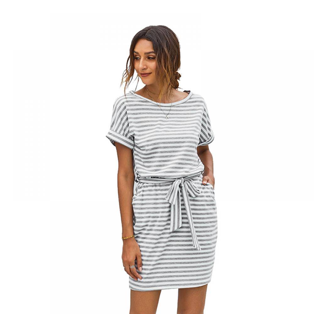 Women's Stripes Pocketed T-shirt Dress With Belt