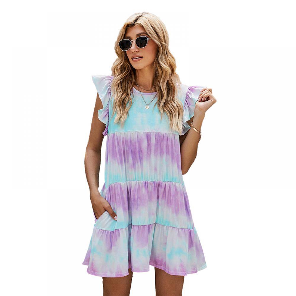 Women's Tie-dye Print Round Neck Sleeveless Cake Dress