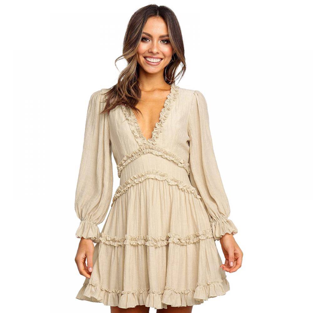 Women's V Neck Ruffle Detailing Open Back Dress