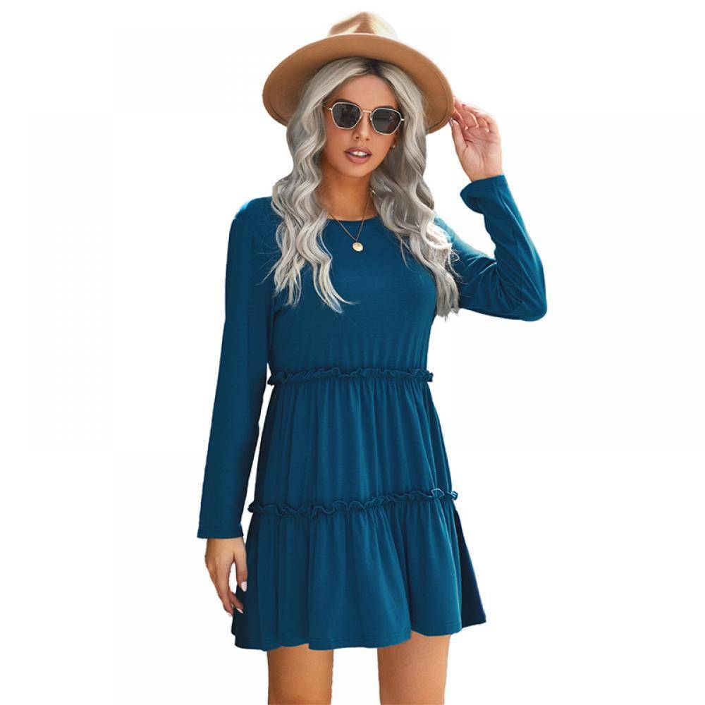 Women's Round Neck Ruffled Long Sleeve Dress