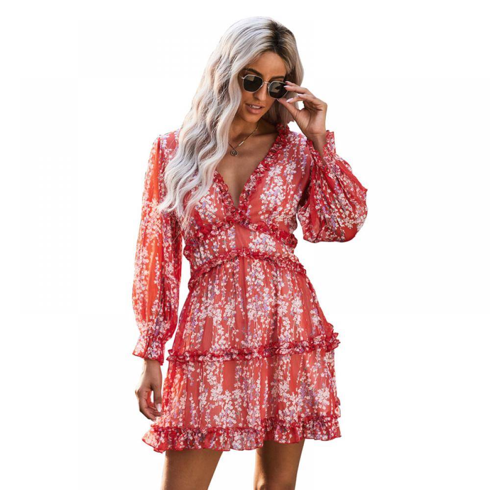 Women's Ruffle Detailing Open Back Floral Dress