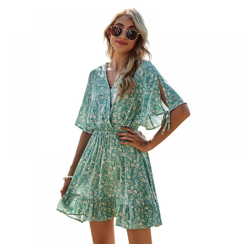 Women's V-neck Pleated Elastic Waist Short-sleeved Floral A-line Dress