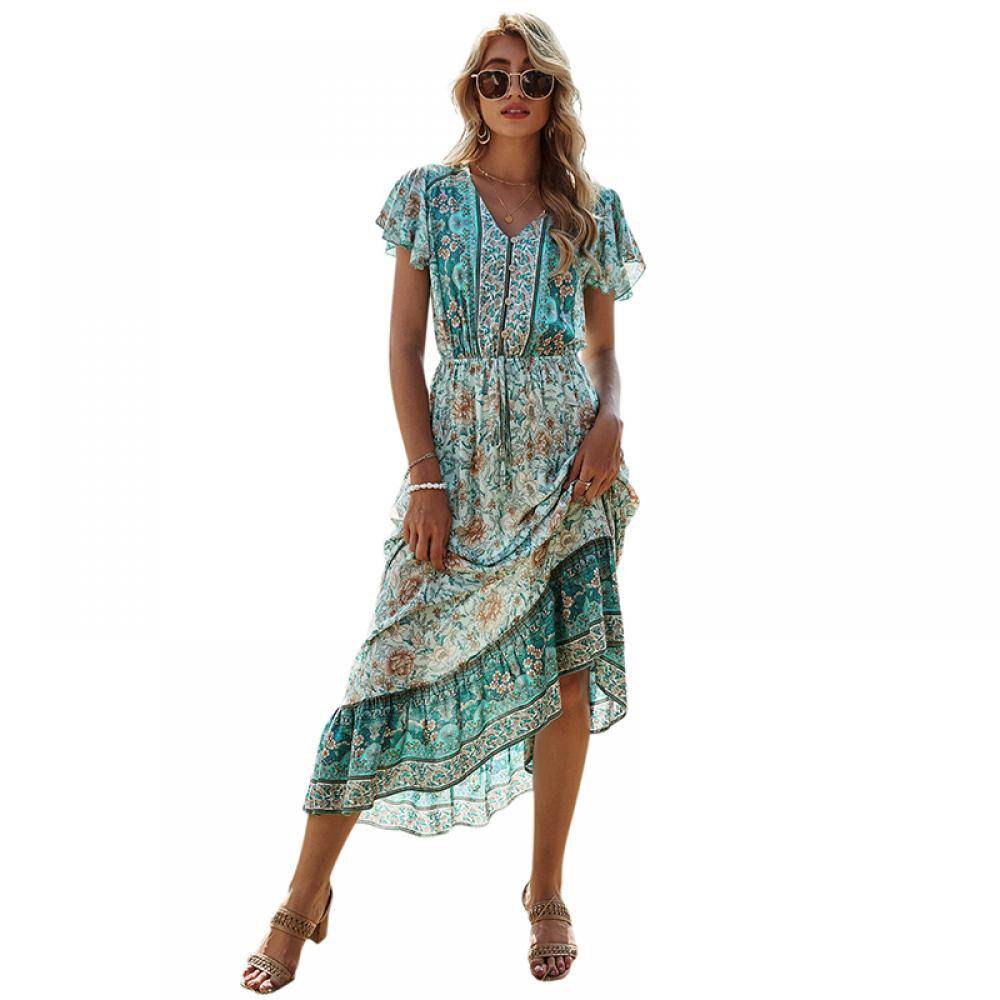 Women's V-neck Print Long Dress
