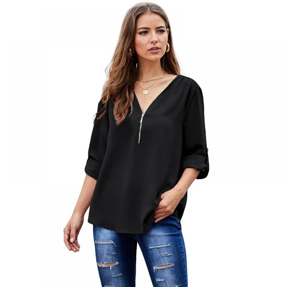 Women's V Neck Zip Up Half Sleeve Blouse