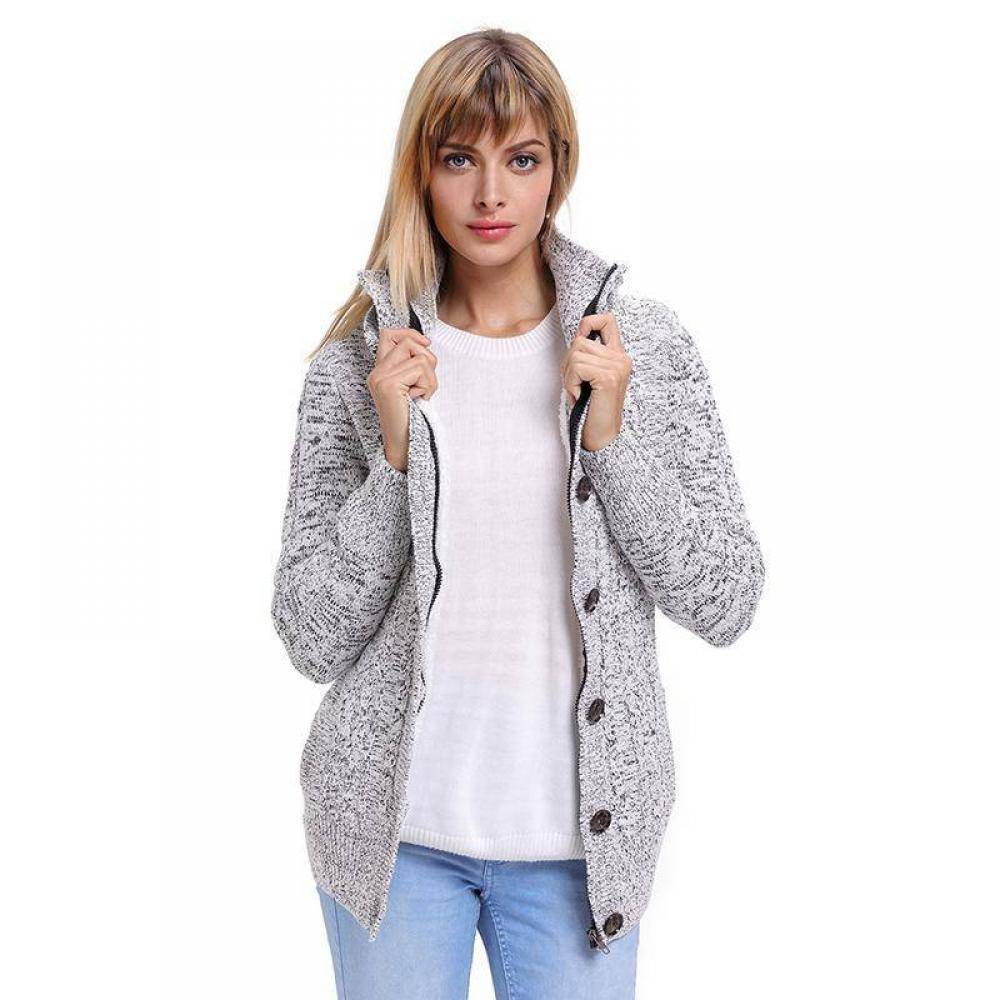 Women's Single-Breasted Button Loose And Fleece Hooded Sweater Coat