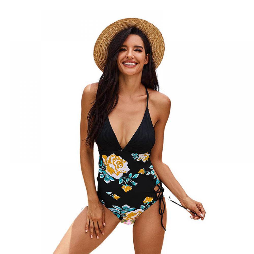 Women's Floral Dewdrop Printed Blouson Side Tied Swimsuits