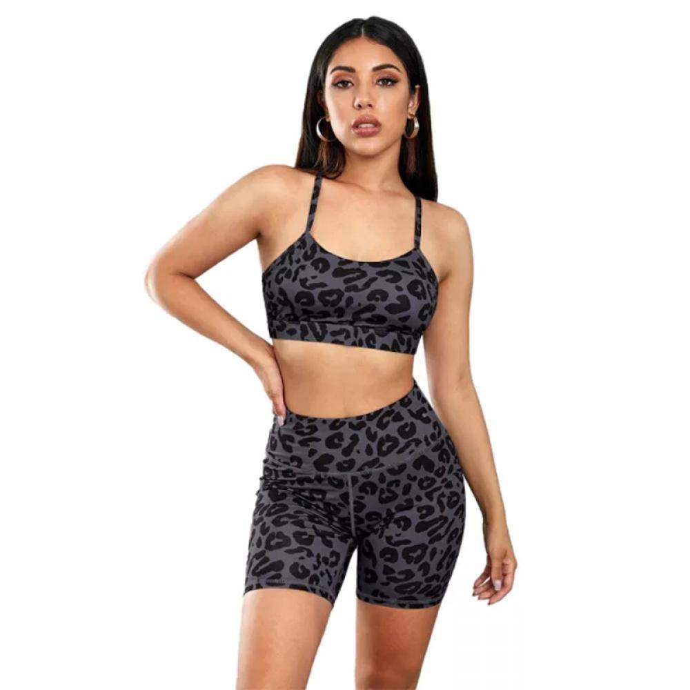 Women's Charcoal Leopard Print Sports Bra Shorts Set