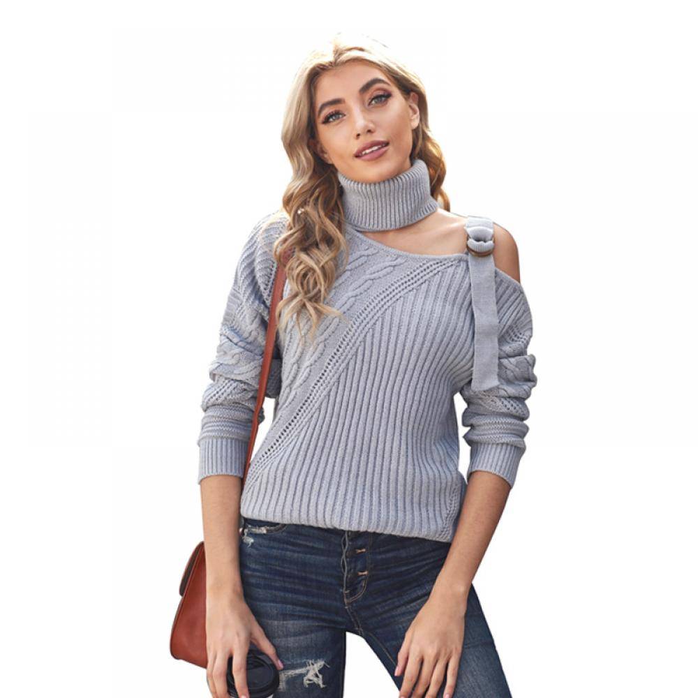 Women's  Solid Color Turtleneck Strapped Cold Shoulder Long Sleeve Pullover Sweaters 