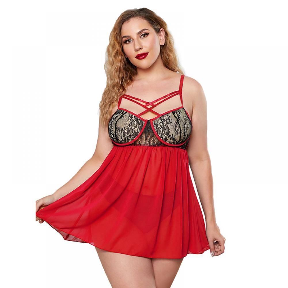 Women's Red Crisscross Lace Mesh Plus Size Babydoll Dress