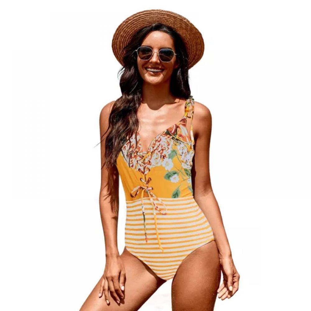 Women's Floral and Striped Lace-up One-piece Swimwear
