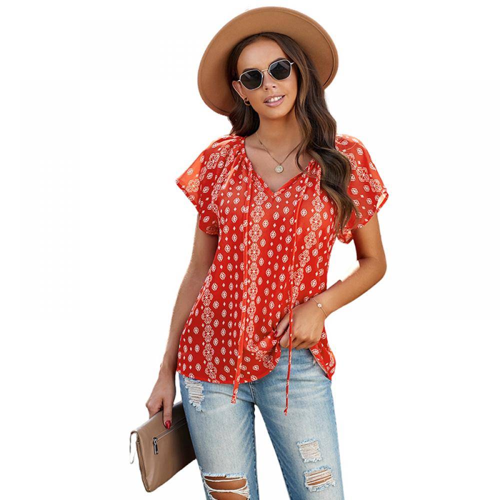 Women's V-neck Short Sleeve Print Fluttering Blouse