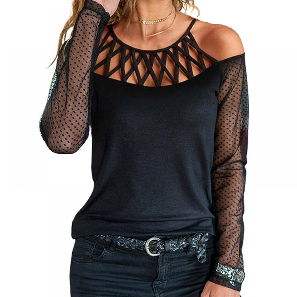 Women's Polka Dot Cold Shoulder Long Sleeves Top