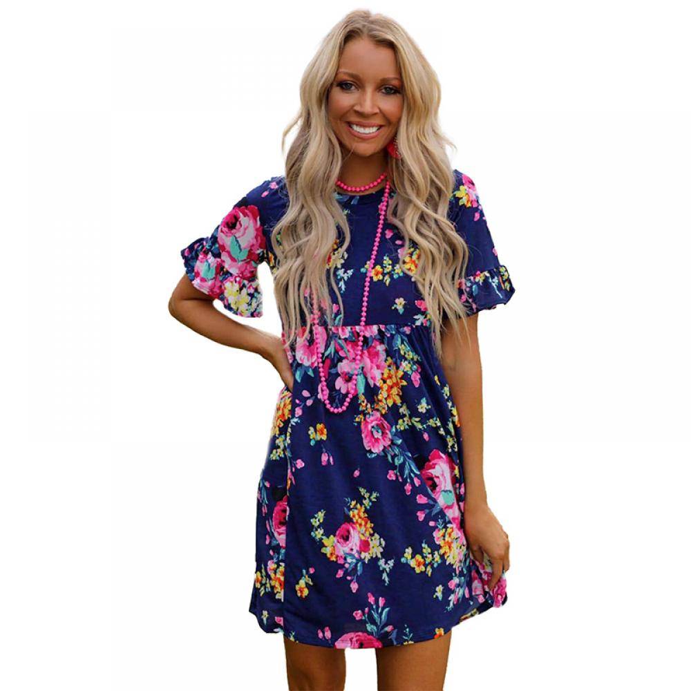 Women's Dark Blue Ruffled Short Sleeve Floral Dress