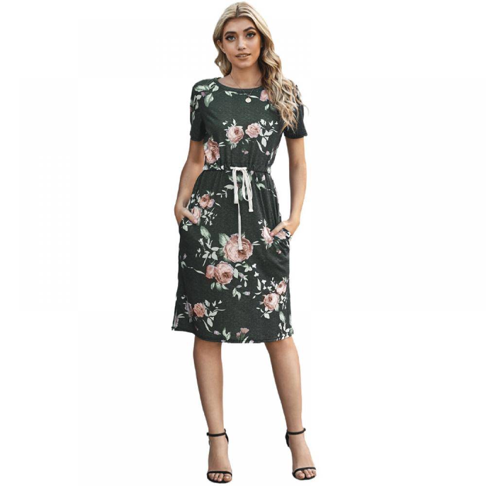 Women's Short Sleeve Pocketed Drawstring Casual Floral Dress