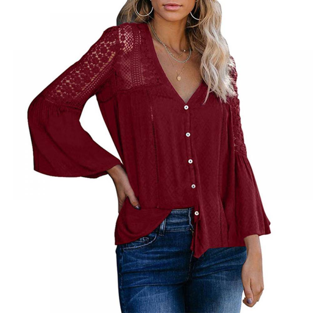 Women's Casual Chiffon V-Neck Long Flare Sleeve  Blouse 