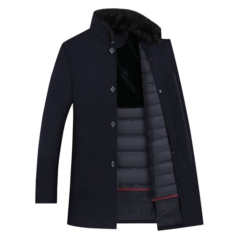 Men's Mid-Length Thick Detachable Down Liner Woolen Casual Jacket