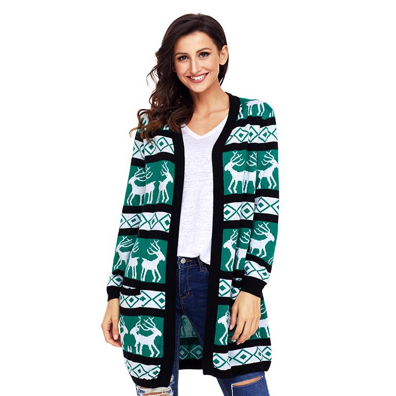 Women's Printed Long Sleeve Loose Christmas Sweater Jacket