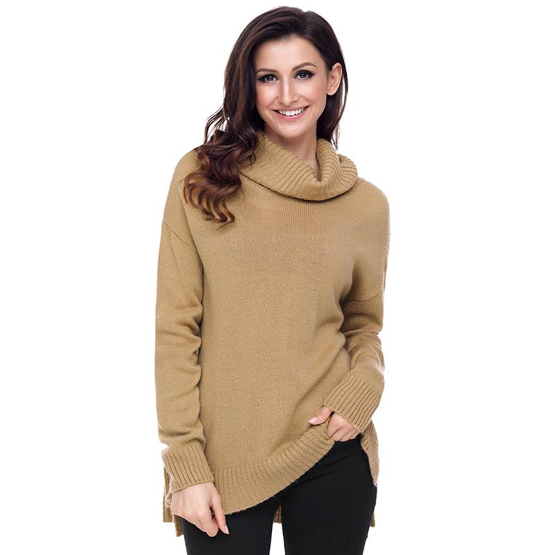 Women's Ribbed High Neck  Front Short Back Long Loose Sweater