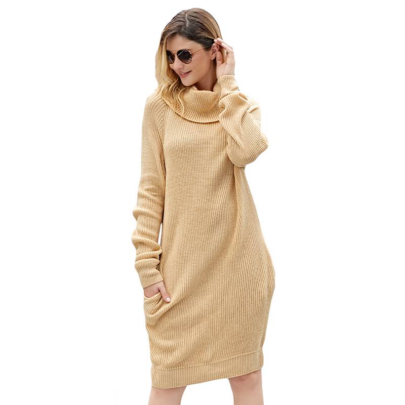 Women's Mid-Length Pullover Ribbed Turtleneck Knitted Sweater Dress