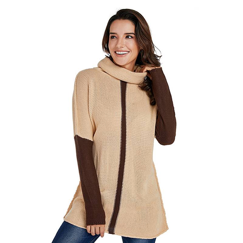  Women's Pullover Contrast Color High Neck Long Sleeve Thumb Hole Loose Sweater