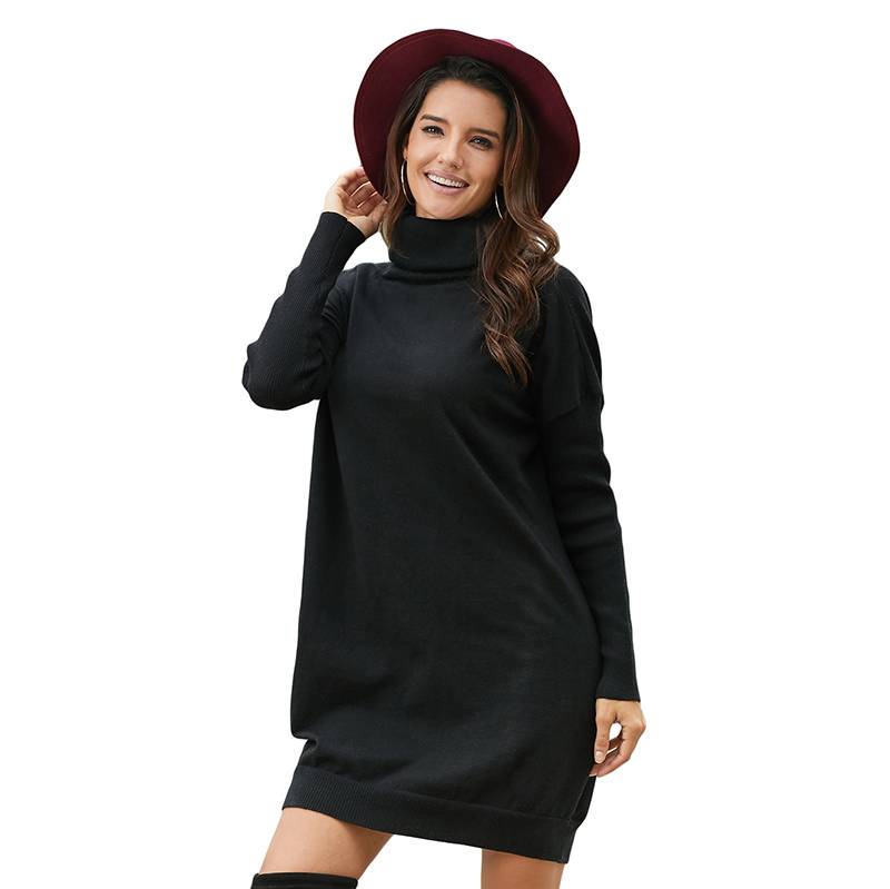 Women's High Neck Mid-Length Loose Pullover Long Sleeve Solid Color Sweater Dress