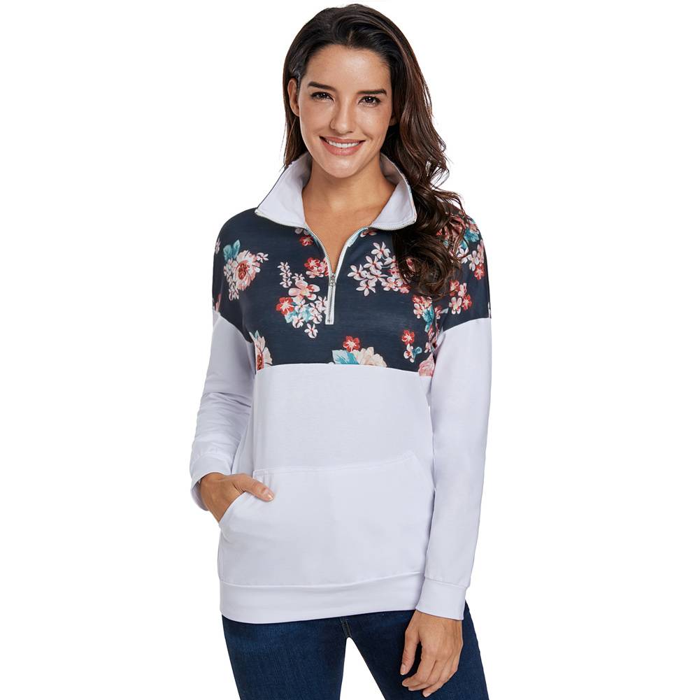 Women's Printed  Color Block  Zipper Sweatshirt With Pocket