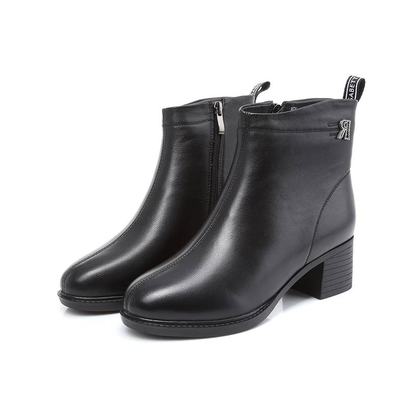 Women's 100% Cow LeatherRound Toe Minimalist Leather Zipper Boots With Fleece Lined