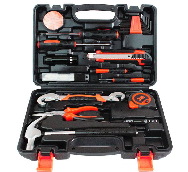 25pcs Household Hand Tools Set Kit Screwdriver Flexible Steel Ruler Tape Utility Knife Hammer Wrench Plier LED Torch