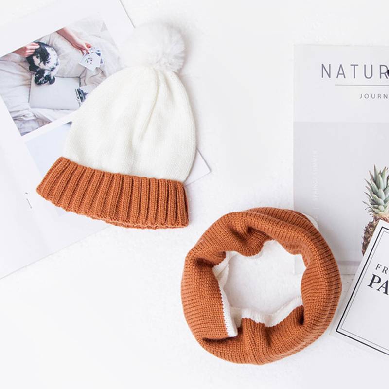 Children's Color Matching Wool Ball Knitted Hat Padded Scarf Set