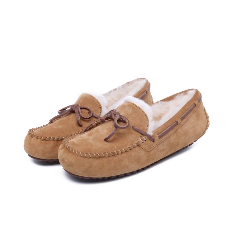 Women's Shoes Genuine Leather With Pure Wool Lining  Moccasin Bow Decor Slippers
