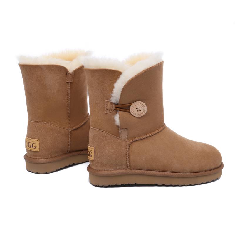 ROSIGE UGG Women's  Mid-Cut 100% Sheepskin Wool Lining Sand-Colored Wooden Buckle Button Snow Boots