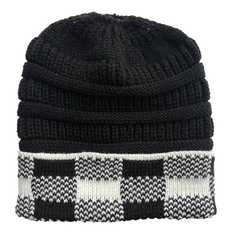 Women's Woolen Feel Large Plaid Curled Knitted Ponytail Hat