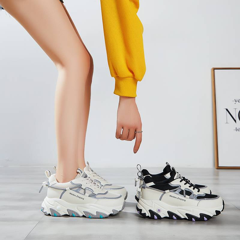 Women's Lace-up Front Chunky Sneakers  Genuine Leather  Mesh Combination  Color Beige Or Black