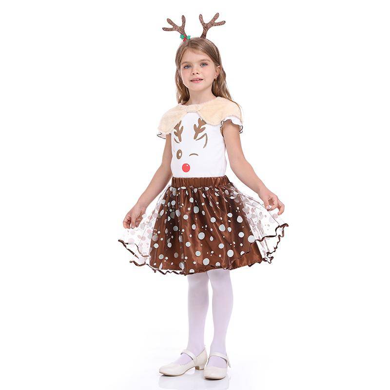 Girls' Christmas Dress Up Reindeer Dress Performance Costume Include Headwear
