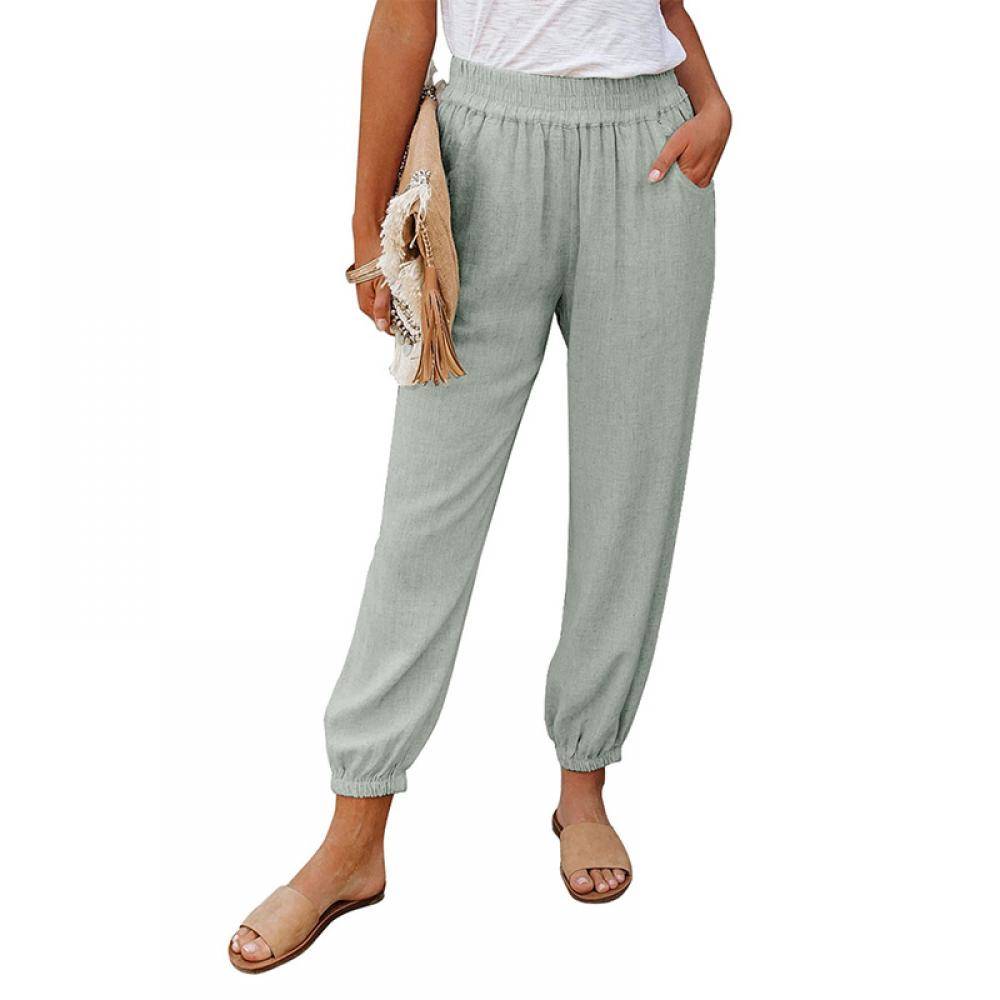 Women's Solid Color Loose Pocket High Waist Cropped Ankle Pants