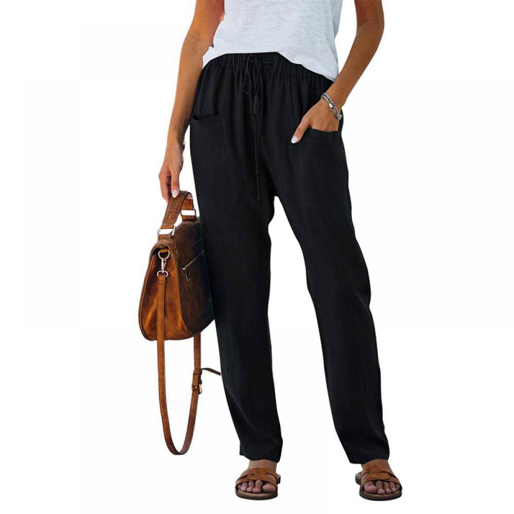 Women's Loose Solid Color Tethered Trousers With Pockets