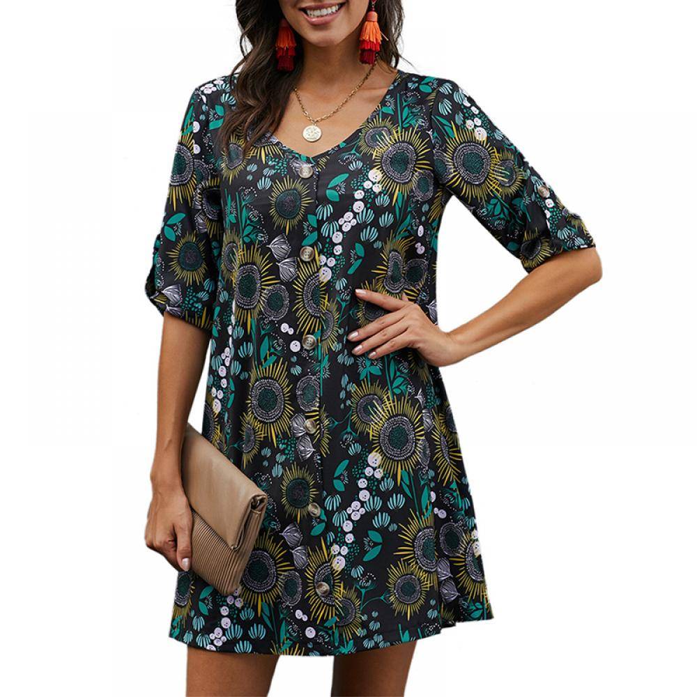 Women's V Neck 3/4 Roll Sleeve Button Down Floral Dress