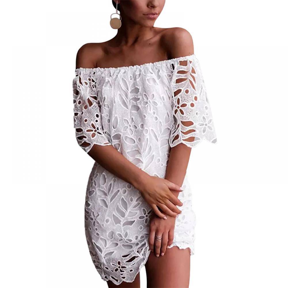 Women's White Lace Detail Off The Shoulder Half Sleeve Dress